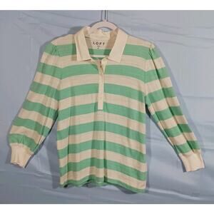 Loft Pullover Women's M Striped 3/4 Puff Sleeve 1/2 Button Front Top Green White